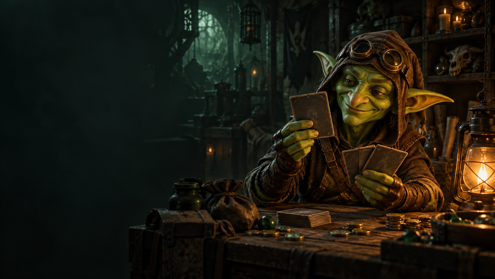 Un goblin cazador de ofertas revisando cartas en un taller iluminado por lámparas